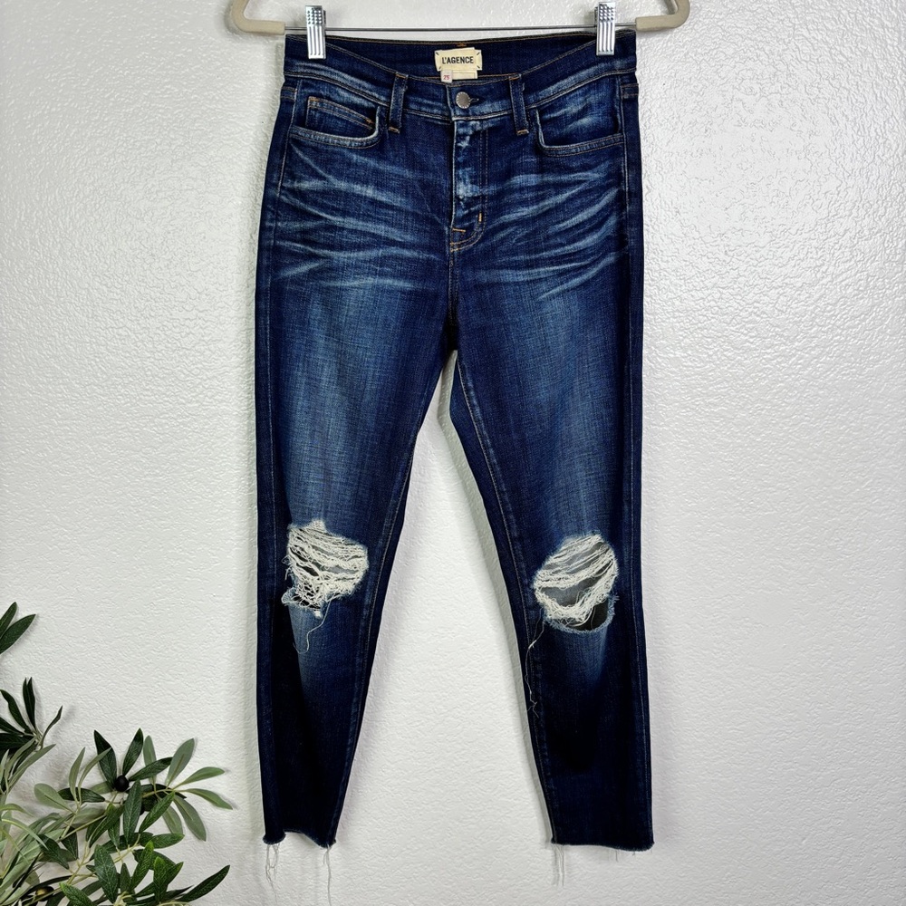 L'AGENCE Abigail French Slim Jeans in Dark Diamond Destruct Size 25